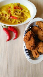 High angle view of food served on table