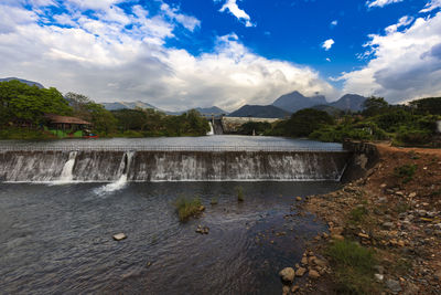 Scenic view of dam against sky