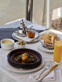 High angle view of breakfast served on table