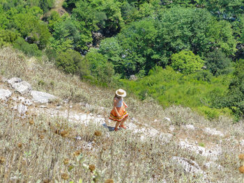 Young woman sitting on tree in forest