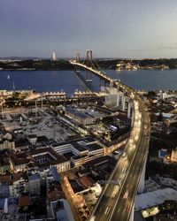 High angle view of city at waterfront