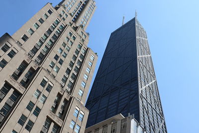 Low angle view of modern buildings against clear sky