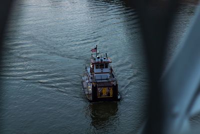 High angle view of ship sailing in sea