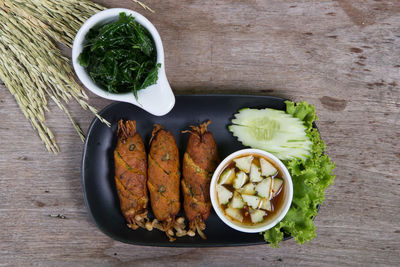 High angle view of food served on table