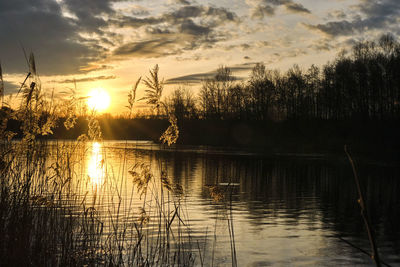 Scenic view of lake against sky during sunset