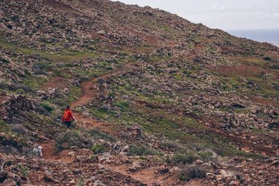 Rear view of person on land against sky