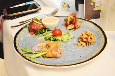 High angle view of food served in plate