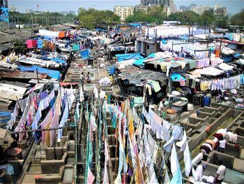 High angle view of hanging clothes