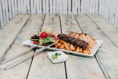 High angle view of food in plate on table