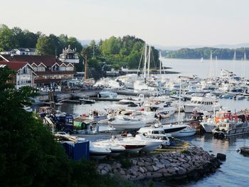 Boats moored in harbor against buildings in city