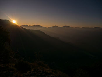 Scenic view of mountains against sky during sunset