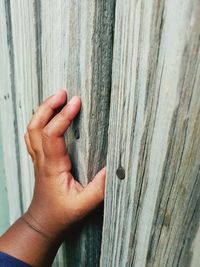 Close-up of person hand on wooden fence