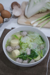 High angle view of soup in bowl on table