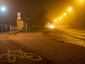 Empty bicycle lane in a night foggy city