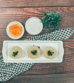 High angle view of breakfast on table
