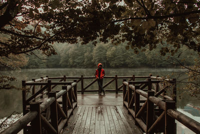 Rear view of man standing on footbridge