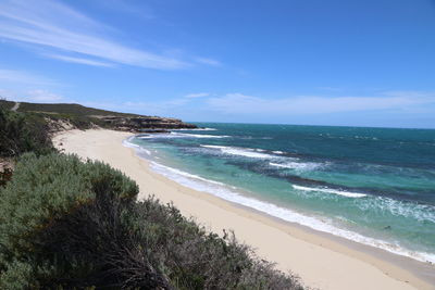 Scenic view of sea against blue sky