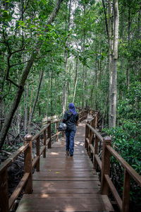 Rear view of woman walking on footbridge amidst trees in forest