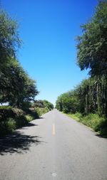 Empty road amidst trees against clear blue sky