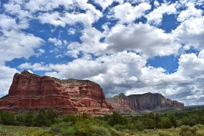 Low angle view of rock formation against cloudy sky