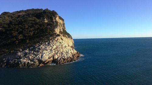 Scenic view of sea against clear blue sky