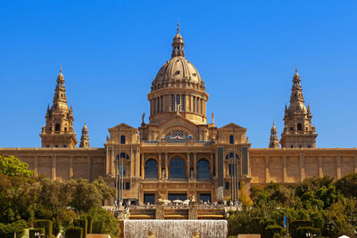 Exterior of temple against clear blue sky