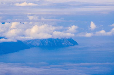 Aerial view of sea and mountain against sky