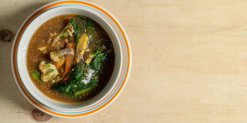 High angle view of soup in bowl on table