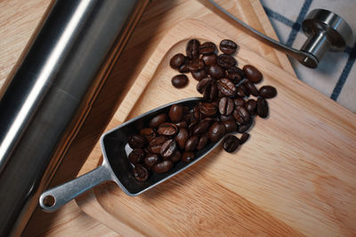 High angle view of coffee beans on table