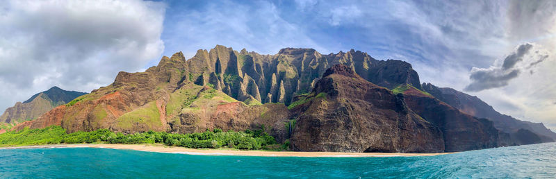 Panoramic view of sea and mountains against sky