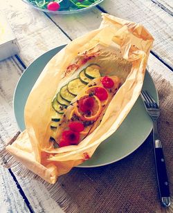 High angle view of food on table