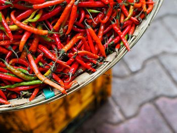 High angle view of red chilies in basket