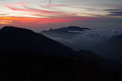 Scenic view of silhouette mountains against sky during sunset