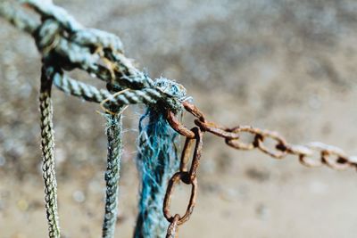 Close-up of rope tied to chain