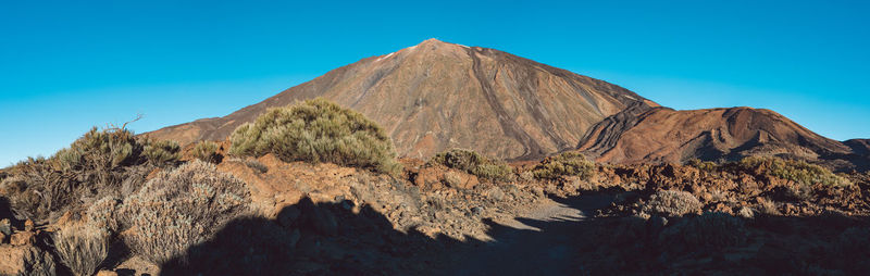 Scenic view of rock formations against clear blue sky