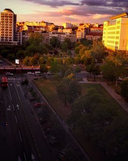 High angle view of cityscape against sky during sunset