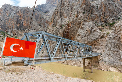 Information sign on rocks against mountains