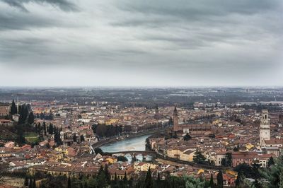 Aerial view of cityscape against cloudy sky