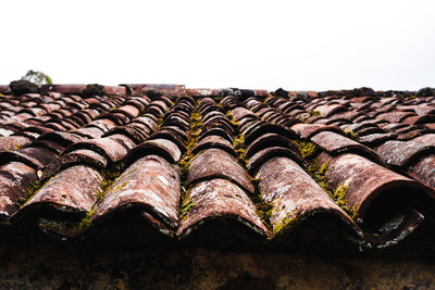 Close-up of old roof tiles against building