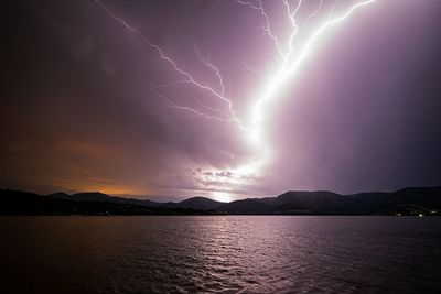 Scenic view of lightning over lake against dramatic sky