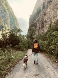 Rear view of woman walking with dog on mountain