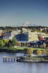 Buildings by river against clear sky