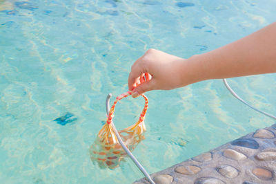 Cropped hand of person holding netting in swimming pool