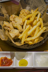 Close-up of food served on table