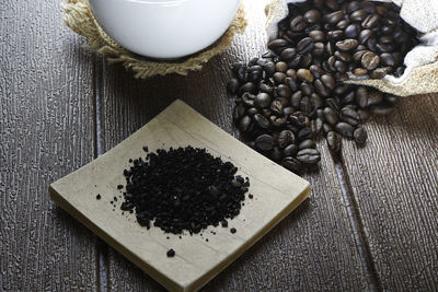 High angle view of coffee beans on table