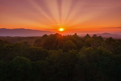 Scenic view of landscape against orange sky