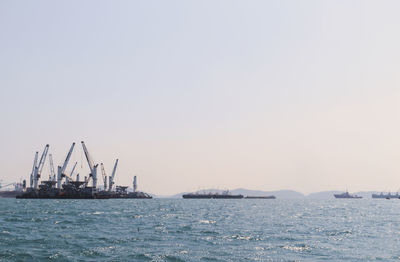 Sailboats in sea against clear sky