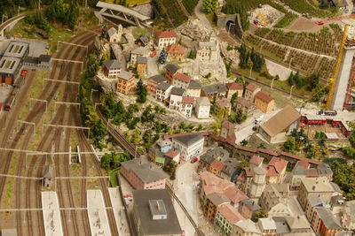 High angle view of houses in town