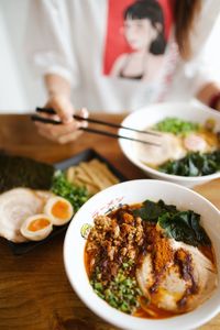 High angle view of ramen served in plate on table