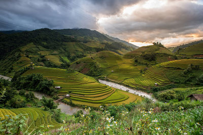 High angle view of agricultural field against sky